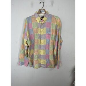 MINE Shirt Mens XL Pastel Patchwork 100% Linen Preppy Button Up Old Money Beach